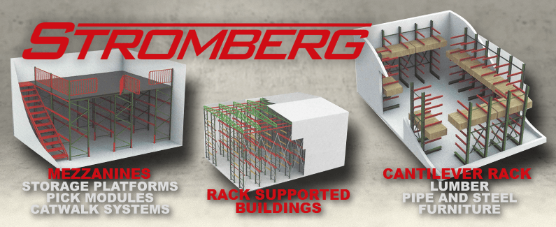 Stromberg mezzanines, rack supported buildings and cantilever rack from Material Flow